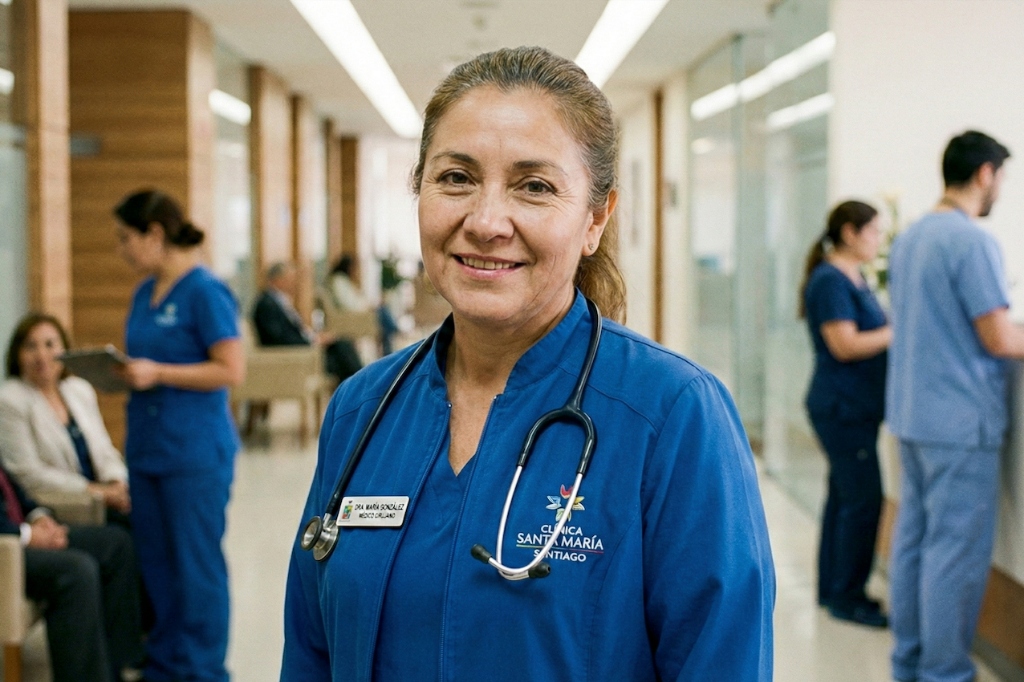 Profesional de la salud con uniforme médico azul y estetoscopio
